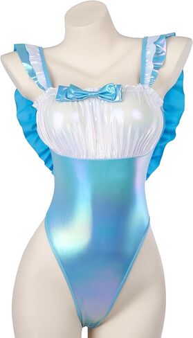 Sexy Laser-Cut Backless Swimsuit with Bow Tie – Maid Costume in Blue, No Padding – One-Size Fits Up to S-M, Adjustable Back Tie for Photoshoots in Kuwait