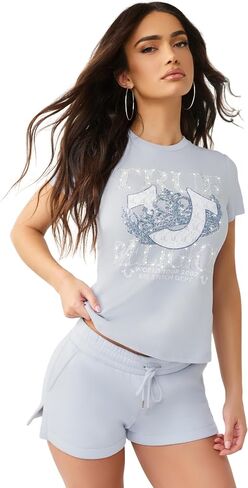 True Religion Women’s Crystal Classic Crew Neck Tee – Slim Fit, Crystal Logos, Casual Glam in Saudi Arabia