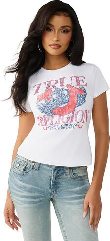 تي شيرت نسائي ذو رقبة دائرية كلاسيكي كريستالي من True Religion - مقاس نحيف، شعارات كريستالية، مظهر كاجوال ساحر in Kuwait