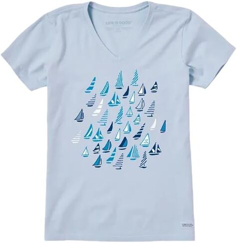 Life is Good. Women's School of Sailboat Short Sleeve Crusher Vee, Glacier Blue in Kuwait