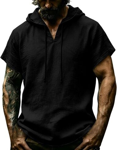 Mens Short Sleeve Hoodie 2026 Fashion Lightweight Hooded T-Shirts Men Solid Linen Beach Hawaiian Shirt Workout Tops in Kuwait