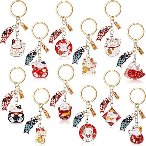 Landical 12 Pcs Japanese Souvenir Lucky Cat Keychain Maneki Neko Japan Souvenirs Lucky Beckoning Cat Keychains for Women in Kuwait