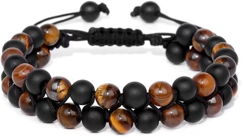 Tiger Eye Black Onyx Beaded Bracelet for Men Women, Adjustable Braided Cord Double Row Stone Jewelry, Crystal Jewelry Stone Bracelets Brithday Gifts for Men Bring Luck Prosperity in Saudi Arabia