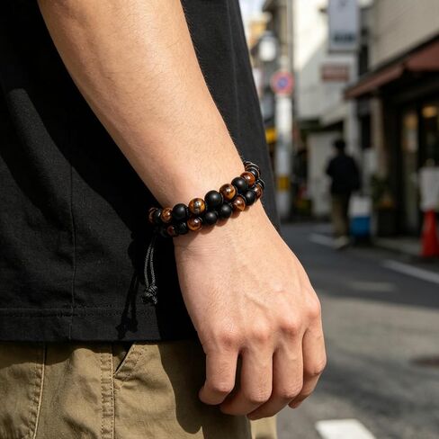 Tiger Eye Black Onyx Beaded Bracelet for Men Women, Adjustable Braided Cord Double Row Stone Jewelry, Crystal Jewelry Stone Bracelets Brithday Gifts for Men Bring Luck Prosperity in Saudi Arabia