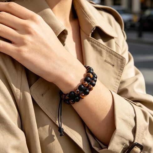 Tiger Eye Black Onyx Beaded Bracelet for Men Women, Adjustable Braided Cord Double Row Stone Jewelry, Crystal Jewelry Stone Bracelets Brithday Gifts for Men Bring Luck Prosperity in Saudi Arabia