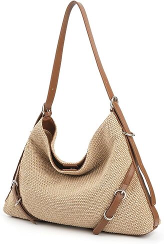 Woven Hobo Bag for Women Summer Straw-Like Shoulder Bag Slouchy Crossbody Purse Beach Tote with Adjustable Leather Strap in Saudi Arabia
