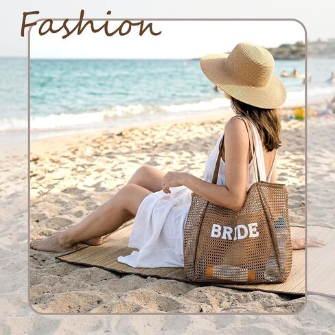 Bride Beach Mesh Tote Gift Beach Nylon Mesh Tote Bag for Bride Pearl Letter Bag Bachelorette Honeymoon Wedding Bridal Shower in Saudi Arabia