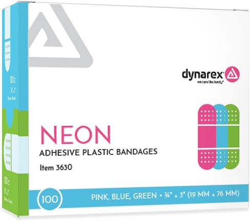 Dynarex Neon Colorful Plastic Adhesive Bandages - Blue, Green, Pink - Water-Resistant and Sterile, Non-Stick Pad First Aid - 3/4" x 3", 100 per Box in Kuwait