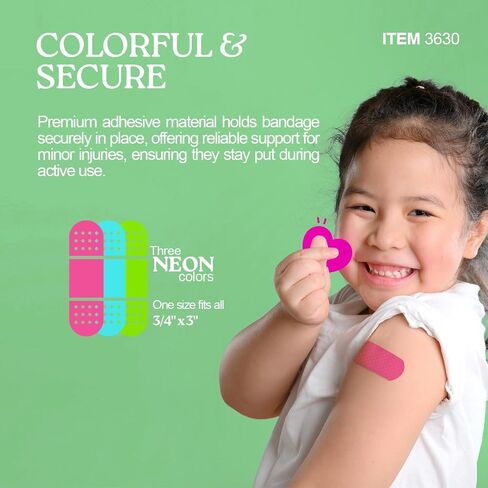 Dynarex Neon Colorful Plastic Adhesive Bandages - Blue, Green, Pink - Water-Resistant and Sterile, Non-Stick Pad First Aid - 3/4" x 3", 100 per Box in Kuwait