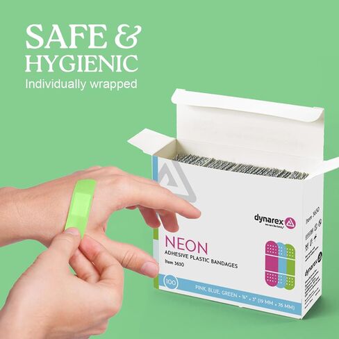 Dynarex Neon Colorful Plastic Adhesive Bandages - Blue, Green, Pink - Water-Resistant and Sterile, Non-Stick Pad First Aid - 3/4" x 3", 100 per Box in Kuwait