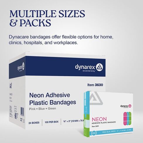 Dynarex Neon Colorful Plastic Adhesive Bandages - Blue, Green, Pink - Water-Resistant and Sterile, Non-Stick Pad First Aid - 3/4" x 3", 100 per Box in Kuwait