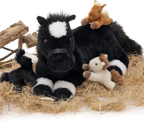 Tezituor 4-in-1 Horse Stuffed Animal Set, 18" Mommy Horse Plush with 3 Baby Pony Plushies Inside, Realistic Black Horse Plush Pillow, Soft Stuffed Pony Farm Gift for Girls Boys Kids in Saudi Arabia