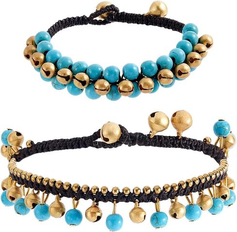 PH PandaHall 2 Styles Bohemian Anklets Bracelet Turquoise Bead Anklet Golden Jingling Bell Bracelets Braided Anklets Beaded Chain Bracelet for Women Boho Summer Hawaii Beach Party Jewelry Gift in Kuwait