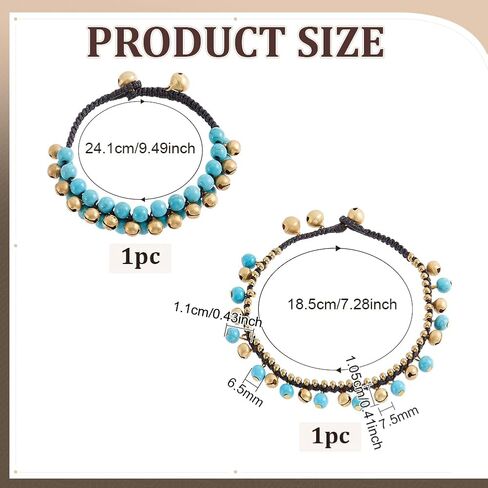 PH PandaHall 2 Styles Bohemian Anklets Bracelet Turquoise Bead Anklet Golden Jingling Bell Bracelets Braided Anklets Beaded Chain Bracelet for Women Boho Summer Hawaii Beach Party Jewelry Gift in Kuwait