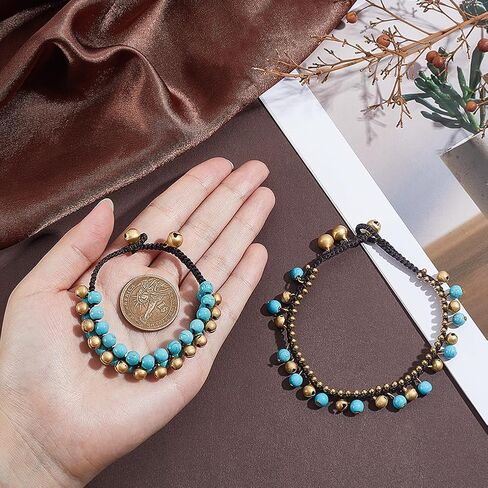 PH PandaHall 2 Styles Bohemian Anklets Bracelet Turquoise Bead Anklet Golden Jingling Bell Bracelets Braided Anklets Beaded Chain Bracelet for Women Boho Summer Hawaii Beach Party Jewelry Gift in Kuwait