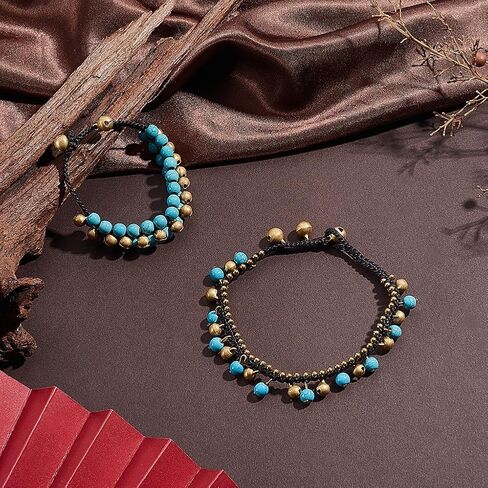 PH PandaHall 2 Styles Bohemian Anklets Bracelet Turquoise Bead Anklet Golden Jingling Bell Bracelets Braided Anklets Beaded Chain Bracelet for Women Boho Summer Hawaii Beach Party Jewelry Gift in Kuwait