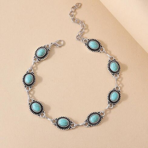 Boho Turquoise Anklets for Women Vintage Western Style Silver Ankle Bracelet Adjustable Foot Jewelry for Summer Beach Daily Wear in Saudi Arabia