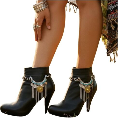 Boot Bracelet Set for Women 2-Pack Silver Boot Chains, Adjustable Size Fit Turquoise Blue Bead Bar, Coin Medallion & Fringe – Cowgirl Western Boot Jewelry, Gift-Ready BC23 in Saudi Arabia