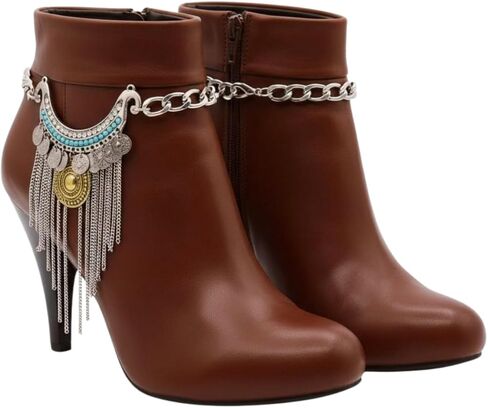 Boot Bracelet Set for Women 2-Pack Silver Boot Chains, Adjustable Size Fit Turquoise Blue Bead Bar, Coin Medallion & Fringe – Cowgirl Western Boot Jewelry, Gift-Ready BC23 in Saudi Arabia