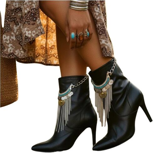 Boot Bracelet Set for Women 2-Pack Silver Boot Chains, Adjustable Size Fit Turquoise Blue Bead Bar, Coin Medallion & Fringe – Cowgirl Western Boot Jewelry, Gift-Ready BC23 in Saudi Arabia