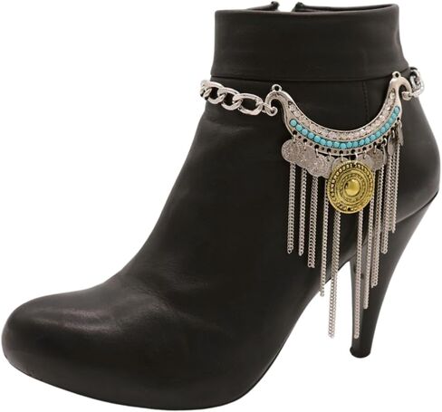 Boot Bracelet Set for Women 2-Pack Silver Boot Chains, Adjustable Size Fit Turquoise Blue Bead Bar, Coin Medallion & Fringe – Cowgirl Western Boot Jewelry, Gift-Ready BC23 in Saudi Arabia
