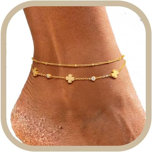 Layered Ankles for Women 14K Gold Plated Waterproof Stainless Steel Double Chain Butterfly Lucky Clover Bowknot Anklet Summer Beach Jewelry in Saudi Arabia