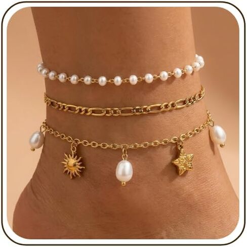 Dainty Gold Shell Pearl Ankle Bracelets for Women, Trendy Anklet Stack Charm Bracelet Adjustable Chain Summer Ocean Beach Accessories Fashion Jewelry Gift in Kuwait