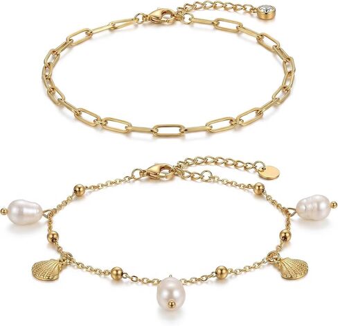Dainty Gold Shell Pearl Ankle Bracelets for Women, Trendy Anklet Stack Charm Bracelet Adjustable Chain Summer Ocean Beach Accessories Fashion Jewelry Gift in Kuwait
