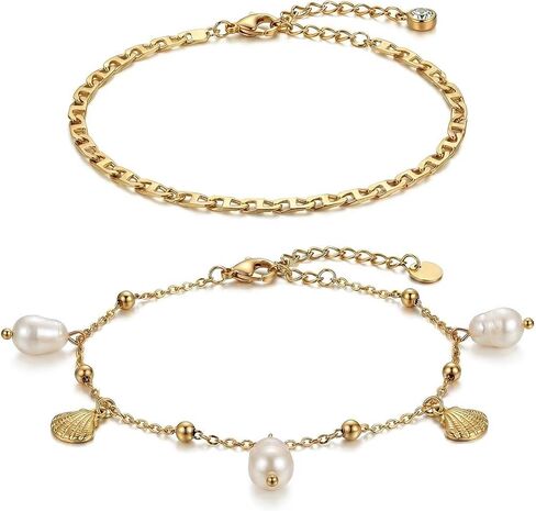 Dainty Gold Shell Pearl Ankle Bracelets for Women, Trendy Anklet Stack Charm Bracelet Adjustable Chain Summer Ocean Beach Accessories Fashion Jewelry Gift in Kuwait