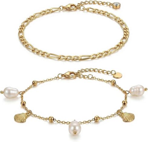 Dainty Gold Shell Pearl Ankle Bracelets for Women, Trendy Anklet Stack Charm Bracelet Adjustable Chain Summer Ocean Beach Accessories Fashion Jewelry Gift in Kuwait