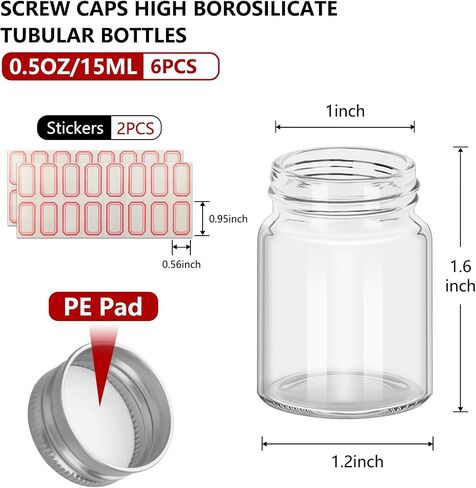 6Pcs 15ML 0.5oz 1.2"X1.6" Small Glass Mini Jars with Metal Lids Message Bottle Terrarium Jar Tiny Wishing Bottles miniature Sand Art Bottles Sample for DIY Crafts (6, 0.5oz) in Saudi Arabia
