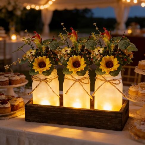 3 Pack Sunflower Mason Jar Table Centerpiece Tiered Tray Decor with Wood Tray Artificial Yellow Daisy Floral and Eucalyptus Leaves Red Berry for Rustic Farmhouse Home Kitchen Bathroom Decor in Saudi Arabia