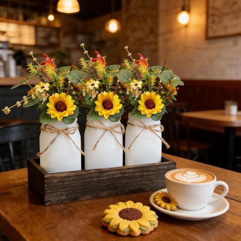 3 Pack Sunflower Mason Jar Table Centerpiece Tiered Tray Decor with Wood Tray Artificial Yellow Daisy Floral and Eucalyptus Leaves Red Berry for Rustic Farmhouse Home Kitchen Bathroom Decor in Saudi Arabia