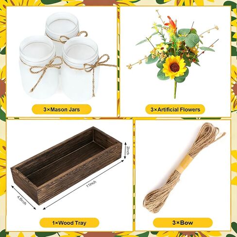3 Pack Sunflower Mason Jar Table Centerpiece Tiered Tray Decor with Wood Tray Artificial Yellow Daisy Floral and Eucalyptus Leaves Red Berry for Rustic Farmhouse Home Kitchen Bathroom Decor in Saudi Arabia