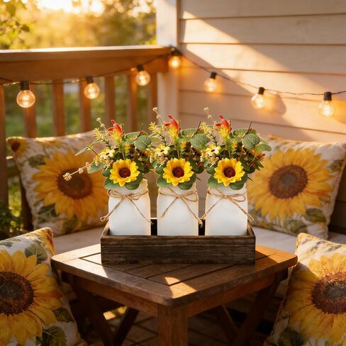 3 Pack Sunflower Mason Jar Table Centerpiece Tiered Tray Decor with Wood Tray Artificial Yellow Daisy Floral and Eucalyptus Leaves Red Berry for Rustic Farmhouse Home Kitchen Bathroom Decor in Saudi Arabia