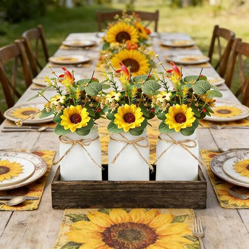 3 Pack Sunflower Mason Jar Table Centerpiece Tiered Tray Decor with Wood Tray Artificial Yellow Daisy Floral and Eucalyptus Leaves Red Berry for Rustic Farmhouse Home Kitchen Bathroom Decor in Saudi Arabia