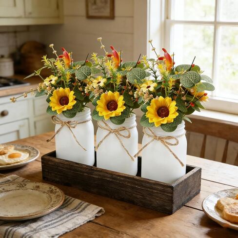 3 Pack Sunflower Mason Jar Table Centerpiece Tiered Tray Decor with Wood Tray Artificial Yellow Daisy Floral and Eucalyptus Leaves Red Berry for Rustic Farmhouse Home Kitchen Bathroom Decor in Saudi Arabia