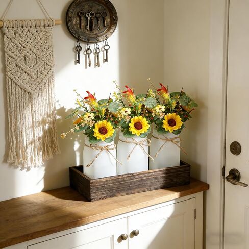 3 Pack Sunflower Mason Jar Table Centerpiece Tiered Tray Decor with Wood Tray Artificial Yellow Daisy Floral and Eucalyptus Leaves Red Berry for Rustic Farmhouse Home Kitchen Bathroom Decor in Saudi Arabia