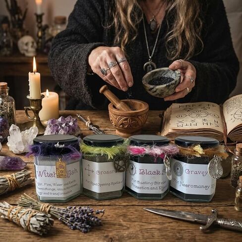 Witchcraft Ritual Kit - Graveyard Dirt, Black Salt, Crossroads Dirt & Witch's Ash Set - 4 Jars for Protection, Banishing, Divination & Spell Casting - Wiccan Altar Supplies & Pagan Gifts in Saudi Arabia