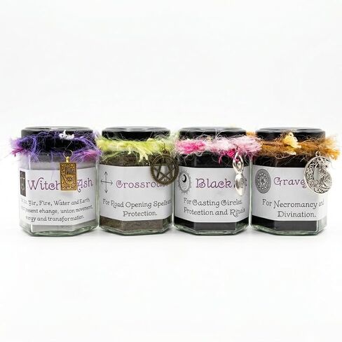 Witchcraft Ritual Kit - Graveyard Dirt, Black Salt, Crossroads Dirt & Witch's Ash Set - 4 Jars for Protection, Banishing, Divination & Spell Casting - Wiccan Altar Supplies & Pagan Gifts in Saudi Arabia