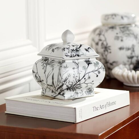 Prentiss 7 1/4" High Black and White Cottage Core Ceramic Ginger Jar with Lid - Dahlia Studios in Saudi Arabia