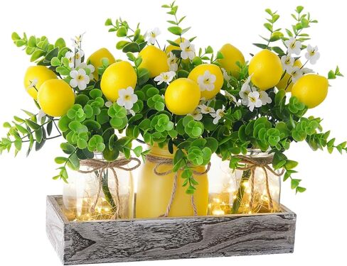 Summer Lemon Mason Jars Centerpiece for Table – Wood Tray with 3 Painted Jars, Dining Table & Coffee Table Decor, Kitchen, Living Room, Spring & Summer Home Decoration with Lemon Accents in Kuwait