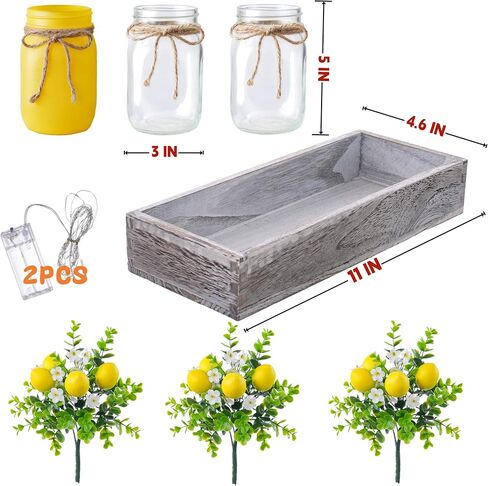 Summer Lemon Mason Jars Centerpiece for Table – Wood Tray with 3 Painted Jars, Dining Table & Coffee Table Decor, Kitchen, Living Room, Spring & Summer Home Decoration with Lemon Accents in Kuwait