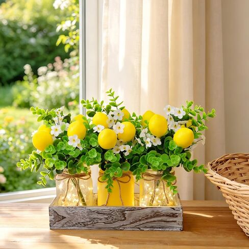 Summer Lemon Mason Jars Centerpiece for Table – Wood Tray with 3 Painted Jars, Dining Table & Coffee Table Decor, Kitchen, Living Room, Spring & Summer Home Decoration with Lemon Accents in Kuwait