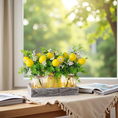 Summer Lemon Mason Jars Centerpiece for Table – Wood Tray with 3 Painted Jars, Dining Table & Coffee Table Decor, Kitchen, Living Room, Spring & Summer Home Decoration with Lemon Accents in Kuwait