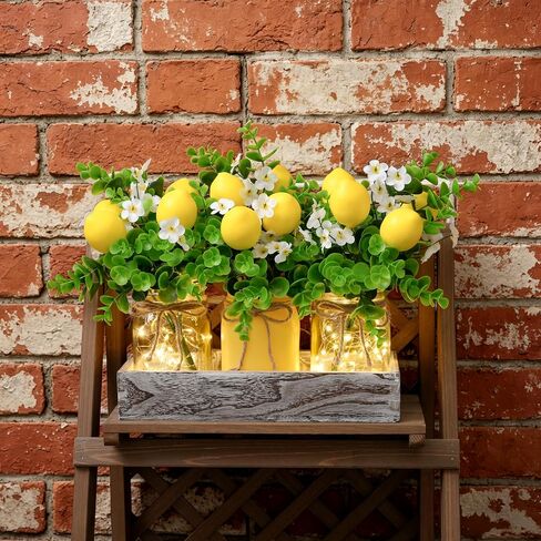 Summer Lemon Mason Jars Centerpiece for Table – Wood Tray with 3 Painted Jars, Dining Table & Coffee Table Decor, Kitchen, Living Room, Spring & Summer Home Decoration with Lemon Accents in Kuwait