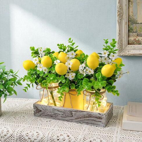 Summer Lemon Mason Jars Centerpiece for Table – Wood Tray with 3 Painted Jars, Dining Table & Coffee Table Decor, Kitchen, Living Room, Spring & Summer Home Decoration with Lemon Accents in Kuwait