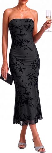 Women's Floral Strapless Maxi Dress 2026 Summer Mesh Tube Bodycon Wedding Guest Cocktail Party Formal Dress in Saudi Arabia