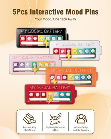 5Pcs Social Battery Slider Pin – Pull to Change Mood, 7-Level Funny Interactive Enamel Mood Badge for Introverts & Quiet People, Perfect for Backpack Lanyard Hat Work Vest Gift in Saudi Arabia