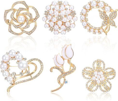 6PCS Brooches and Pins, Pearl Flower Brooches for Women | Glod Crystal Floral Pins, Rhinestone Pearl Brooch Fashion Elegant Golden Pin for Wedding Appreciation Ceremony Bridal Decor G in Saudi Arabia
